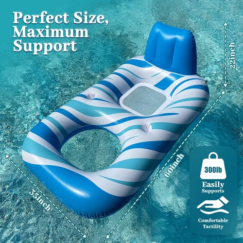 Miniatura 4 de Pool Float for Adults – Extra Large Inflatable Tanning Pool Float with Backrest, Footrest & 2 Cup Holders, Heavy Duty Float Lounger for Pool, Lake