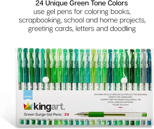 Miniatura 5 de KINGART Studio - Juego de 24 bolígrafos de gel de tono verde – Agarre suave y cómodo – Punta redonda suave para detalles precisos – 24 tonos verdes