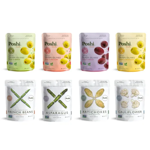 Poshi Olives + Veggies | Variedad de aceitunas enteras sin hueso de 4 sabores | Poshi 4 sabores | Vegano, Kosher, sin gluten + Snacks saludables
