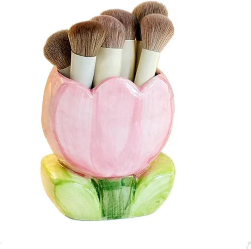 Miniatura 2 de TANG SONG Soporte para brochas de maquillaje de tulipanes de cerámica, caja de almacenamiento de cosméticos de flores, soporte para bolígrafos y Rosa