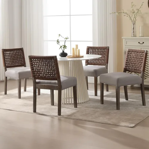 LZAREAL Juego de 4 sillas de comedor estilo granja tapizadas de tela de lino, sillas de cocina y comedor modernas de mediados de siglo con respaldo