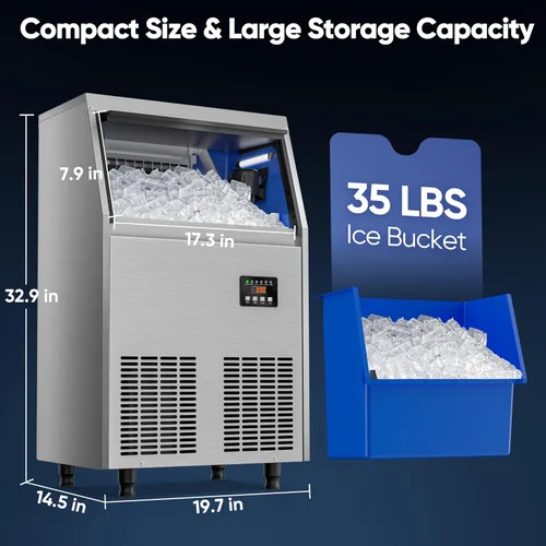 Miniatura 2 de Coolski - Máquina de hielo comercial, 200 libras/24 horas, para debajo del mostrador, con almacenamiento de hielo de 35 libras, máquina de hielo