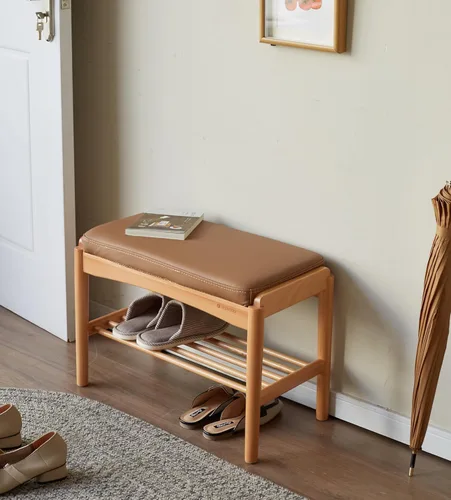Miniatura 7 de Banco de zapatos de madera maciza montado, banco de zapatos con cojín de cuero de silicona para entrada, sala de estar, dormitorio, pasillo, 11.8 x