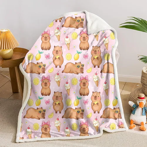 AILONEN Pink Capybara Throw 47"x31" Fleece Sherpa Blanket, Lemon Ice Cream Cartoon Print Printed Throw Blanket, Sweet Room Theme