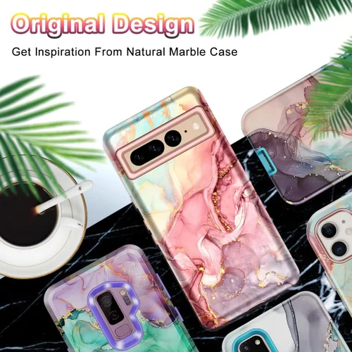 Miniatura 7 de Btscase Funda para Google Pixel 7 Pro, patrón de mármol 3 en 1, resistente a prueba de golpes, cuerpo completo, policarbonato duro y suave