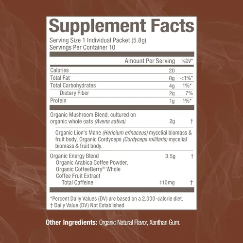 Miniatura 7 de Om Mushroom Superfood Mezcla de café en polvo de hongos, porción única, 10 unidades, granos arábica orgánicos, melena de león, cordyceps, cola