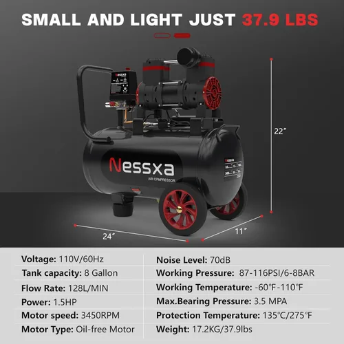Miniatura 7 de Compresor de aire ultra silencioso de 8 galones, 1.5HP 4.52 CFM, tanque de compresor de aire sin aceite máximo de 115 PSI, 110V/60Hz, compresor