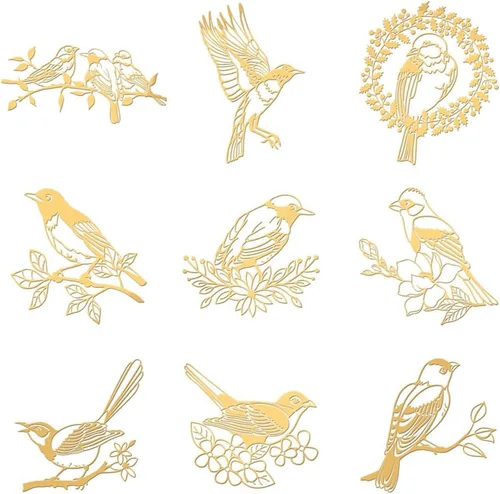 OLYCRAFT 9 calcomanías de patrón de pájaro de 1.6 x 1.6 pulgadas, diseño de rama de pájaro, flor, autoadhesivas, calcomanías doradas, temáticas de