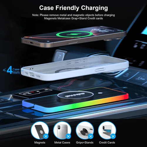 Miniatura 4 de Almohadilla de carga inalámbrica magnética para automóvil, 15 W, RGB, almohadilla de carga inalámbrica rápida antideslizante con cable de extensión