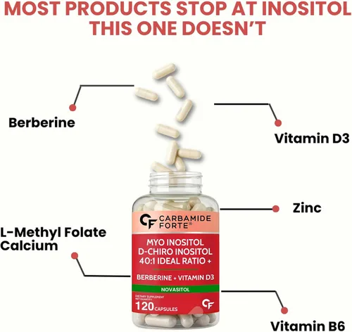 Miniatura 7 de Carbamide Forte Myo Inositol & D Chiro Inositol Suplemento Suplementos de inositol con berberina, l-metil folato, vitamina D3 y selenio