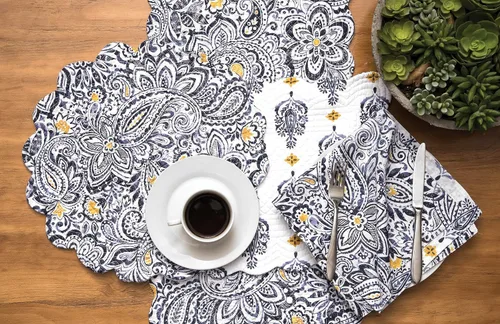 Miniatura 4 de C&F Home Serena - Mantel individual redondo, diseño de cachemira azul y amarillo, reversible, 17 pulgadas, color azul