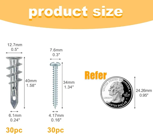 Miniatura 3 de KURUI Anclajes autoperforantes de zinc para paneles de yeso #8, kit de 60 anclajes y tornillos de pared de metal hueco, 30 anclajes resistentes +