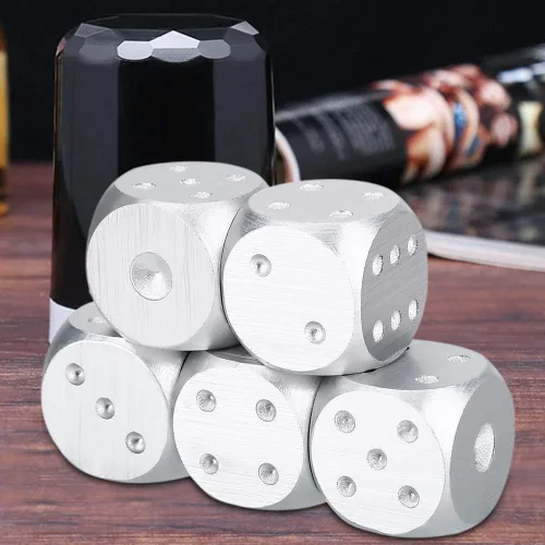 Miniatura 7 de Juego de dados de aleación de aluminio, 5 piezas con caja de almacenamiento, dados metálicos dorados o plateados de 1.6 pulgadas para juegos de mesa