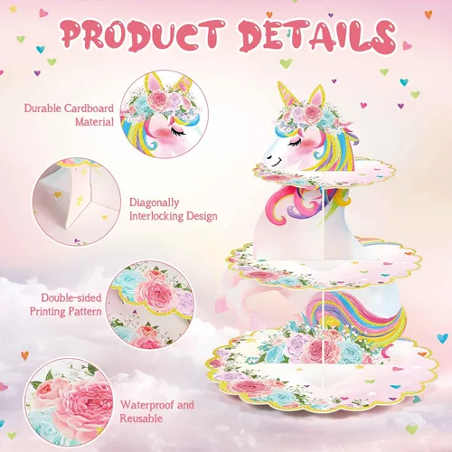 Miniatura 3 de Soporte para cupcakes de unicornio de 3 niveles, decoración de fiesta de arcoíris, unicornio, cumpleaños, soporte para cupcakes, torre de postre