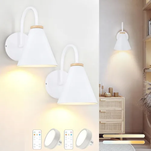 Miniatura 10 de Juego de dos apliques de pared industriales de madera sintética negra con pilas, fácil de instalar, sin cables, bombilla LED regulable con control