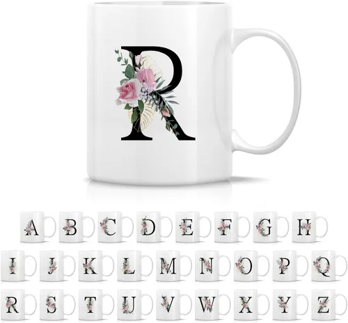 Miniatura 22 de Retreez Ramo botánico floral inicial A-Z con monograma, taza con monograma de cerámica de 11 onzas, regalo de agradecimiento de agradecimiento