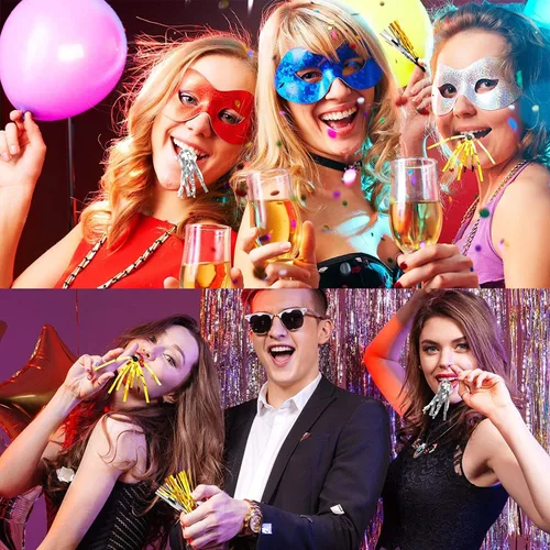 Miniatura 6 de 36 piezas de ruido dorado y plateado para adultos y niños, cuernos de fiesta y sopladores, chillones para cumpleaños, Navidad, eventos deportivos
