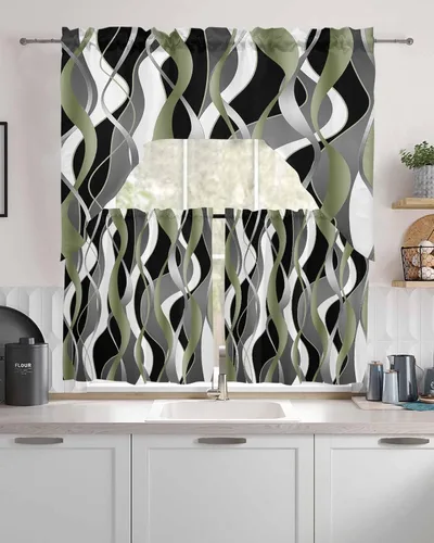 Miniatura 3 de Juego de 3 cortinas de cocina con cenefa a rayas verdes salvia, con bolsillo para barra, para dormitorio, sala de estar, baño, ventanas, modernas