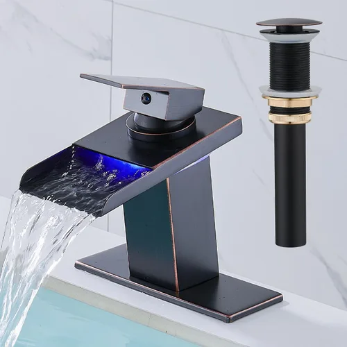 Miniatura 9 de AVSIILE Grifo LED para lavabo de baño, cascada cromada, mango de un solo agujero, 1 agujero con drenaje desplegable de metal y 2 líneas de Cromo