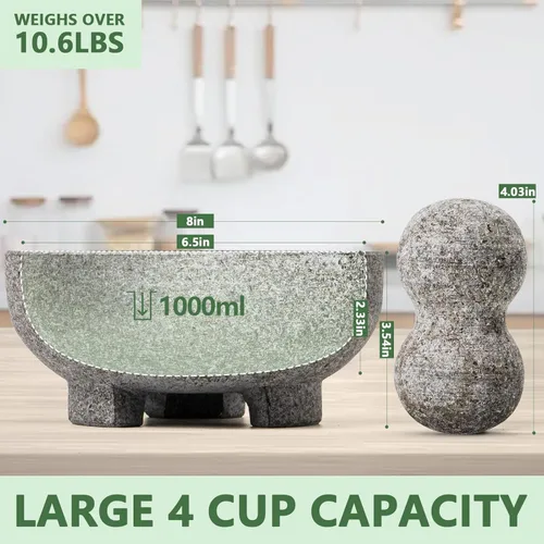 Miniatura 3 de Luvan Juego Grande de Mortero y Maja, 4 Tazas Mortero de Piedra Natural de Granito Sin Pulir para Molcajete Tazón de Guacamole