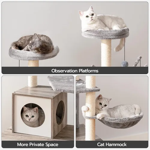 Miniatura 8 de HOOBRO Árbol para gatos con recinto para caja de arena, 27.6" L x 18.9" A x 52" Al, Torre de madera para gatos todo en uno, Muebles para gatos