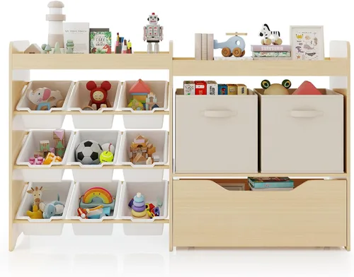 Miniatura 9 de COSVALVE Organizador de almacenamiento de juguetes para niños, organizadores de juguetes de 4 niveles con 2 cubos abiertos, 9 cajas y 2 contenedores