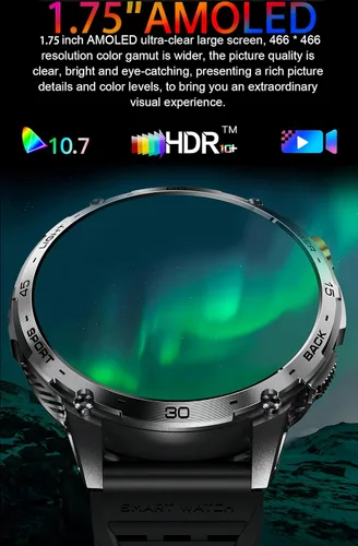 Miniatura 2 de Reloj inteligente militar, pantalla AMOLED ultra clara de 1.75 pulgadas, monitor de frecuencia cardíaca de oxígeno en sangre Spo2, batería de 730
