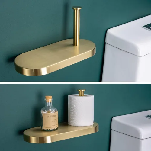 Miniatura 7 de RANDOM Soporte de papel higiénico dorado cepillado con estante SUS 304 Accesorios de baño de acero inoxidable Soporte de pañuelos Dispensador