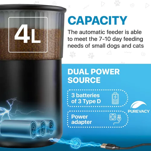 Miniatura 6 de Comedero automático para gatos, comedero automático para mascotas de 4 litros para gatos y perros pequeños, dispensador de alimentos secos con negro