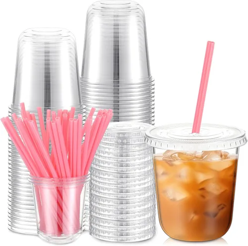 Miniatura 7 de Ziliny 50 Juegos de Vasos de Plástico Transparente con Pajitas y Tapas Rosas en Forma de Corazón, Vasos Desechables para Café Helado Drinking Pet
