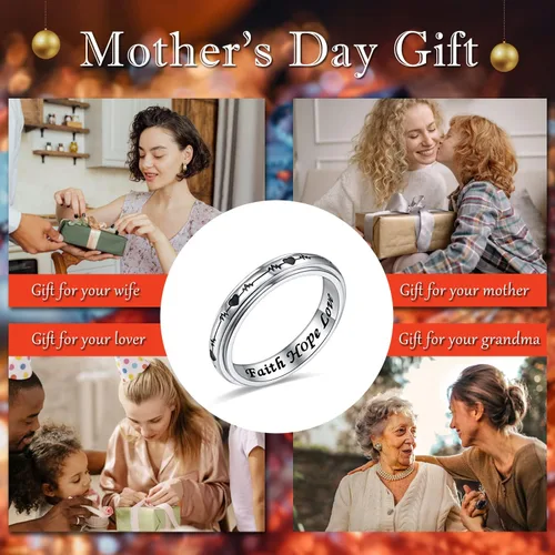 Miniatura 35 de 925 Sterling Silver Spinner Fidget Ring for Women: Musical Note Viking Rune Heartbeat Anxiety Stress Relieving Rotatable Ring Faith Hope Love