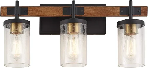 Miniatura 8 de Possini Euro Design Kata Farmhouse - Lámpara de pared rústica de madera sintética negra con cable de 22 pulgadas, 3 lámparas, cristal cilíndrico