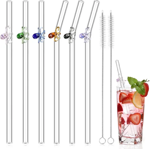Yinkin 6 pajitas de vidrio de pulpo de 8 pulgadas, bonitas pajitas de vidrio coloridas con diseño, popotes reutilizables con 2 cepillos de limpieza