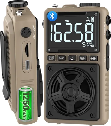 Radio de onda corta Bluetooth AM FM con alerta meteorológica NOAA, radio de bolsillo portátil recargable de 1250 mAh con la mejor recepción, altavoz