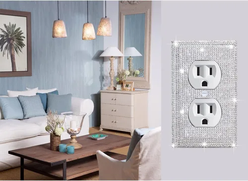 Miniatura 4 de 4 Piezas Cubiertas de Tomacorriente con Diamantes de Imitación Plateados Brillantes Placa de Pared 1 Gang Toggle Cubierta de Interruptor de Luz
