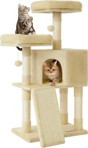 Feandrea Árbol para gatos, torre para gatos de 45.3 pulgadas, condominio de felpa con poste rascador, rampa, perca, cueva espaciosa, para espacios