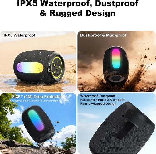 Miniatura 6 de Altavoz Bluetooth portátil, potente altavoz inalámbrico estéreo de sonido fuerte 2026, 8 modos LED, IPX5 impermeable, hasta 36 horas