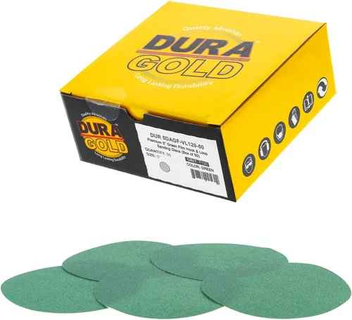 Dura-Gold Discos de lijado de película verde de 5 pulgadas de alta calidad, grano 120 (caja de 50), discos de papel de lija con respaldo de gancho y