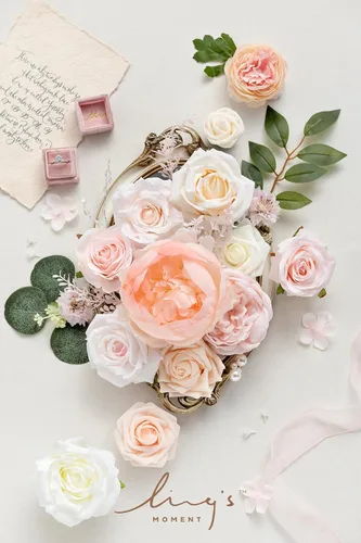 Miniatura 5 de Ling's moment Caja de flores artificiales, tallos de vegetación artificial sintética, rosas de espuma, peonía de seda, flor de tela para centros