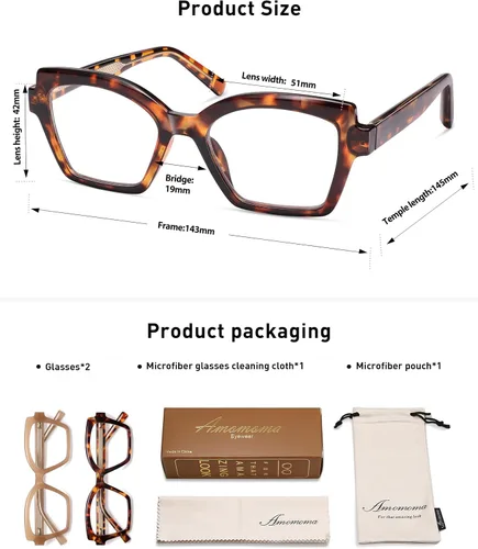 Miniatura 6 de AMOMOMA Paquete de 2 lentes de lectura modernos con diseño de ojo de gato para mujeres y hombres, elegantes lentes cuadrados con bloqueo de luz azul