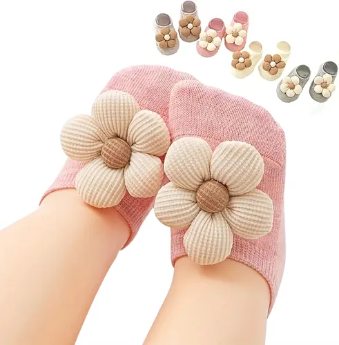 Paquete de 4 calcetines para bebé, con empuñaduras antideslizantes de flores para bebés y niños pequeños, calcetines tobilleros de corte bajo para