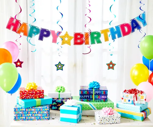Miniatura 3 de American Greetings Suministros para fiesta de cumpleaños de arco iris, kit de pancarta (7 piezas)