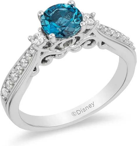 Jewelili Enchanted Disney Fine Jewelry - Anillo de plata de ley con diamante de 1/5 quilates y topacio azul londinense