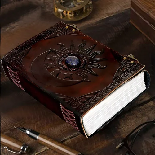 Miniatura 8 de Diario de cuero C Leather con relieve de sol y luna y hermosa piedra azul, cuaderno, planificador, organizador, libro de bocetos, libro en blanco