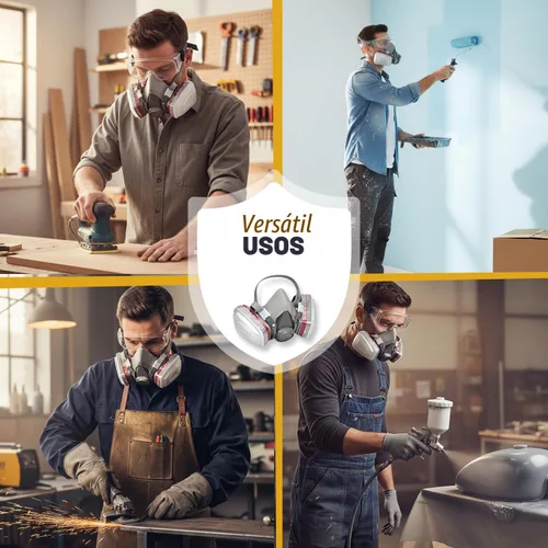 Miniatura 6 de Máscara respiradora para pintura en aerosol, carpintería, soldadura, polvo y seguridad general con gafas transparentes, 10 filtros de repuesto