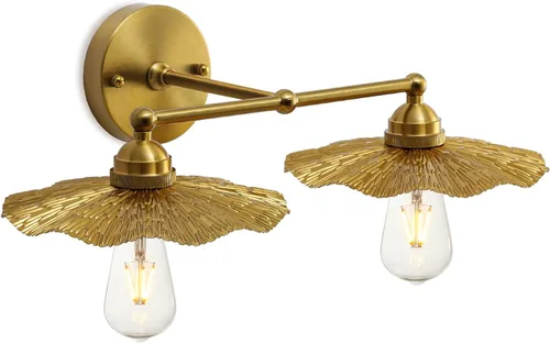 Aplique de Pared Doble de Metal Vintage, Aplique de Pared Dorado de Doble Cabeza con Pantalla de Lámpara de Pétalos Decorativos, Aplique de Pared de