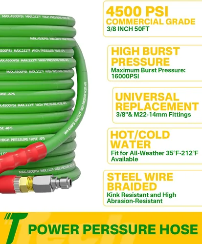 Miniatura 2 de Manguera de lavado a presión de 50 pies y 3/8 pulgadas para agua fría y caliente de 212 °F, con conexión rápida giratoria, alambre de acero trenzado