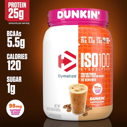 Miniatura 3 de Dymatize ISO100 100% aislado de proteína de suero hidrolizada en polvo sabor Dunkin' Cappuccino, 0.88 oz (25 g) de proteína, 95 mg de cafeína, 0.19