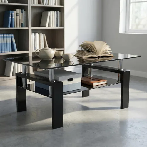 Miniatura 7 de Mesa de centro de vidrio rectangular Meihua de 2 niveles, mesa de té moderna, mesa auxiliar de café para sala de estar (todo negro)
