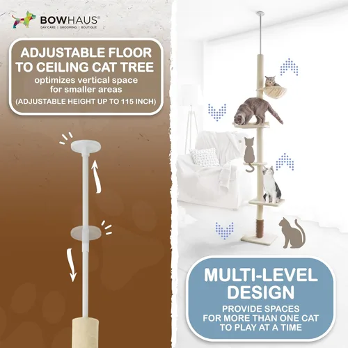 Miniatura 3 de BOWHAUS Árbol para gatos de piso a techo, altura ajustable de 104 a 115 pulgadas, torre de escalada para gatos de varios niveles con rascador